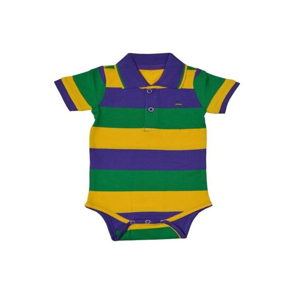 Mardi Gras Infant Baby Toddler Purple Green Gold Rugby Romper Bodysuit W/Stripes - Picture 2 of 2